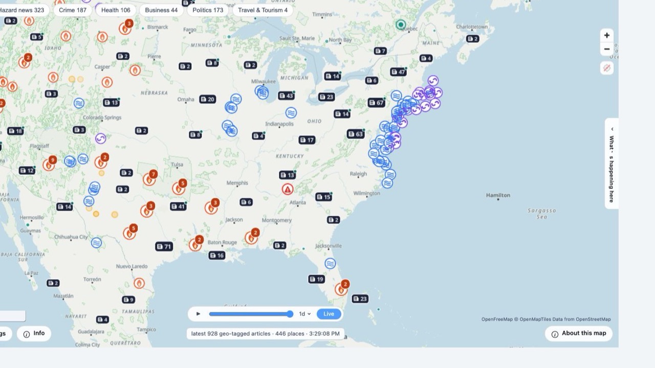 NewsMap with news clusters and official hazard markers